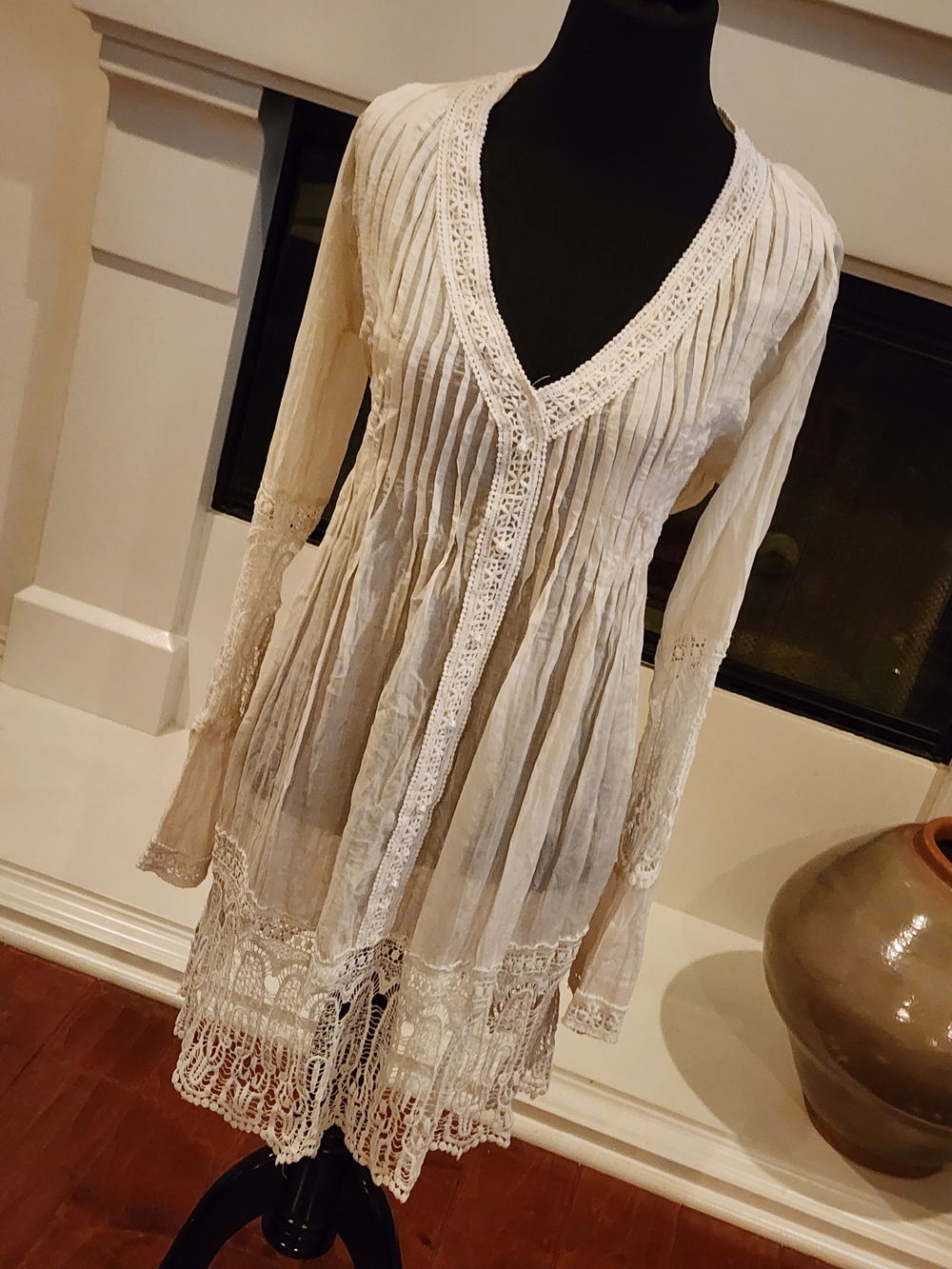 Bohemian Lace-Trim Mini Dress in Ivory